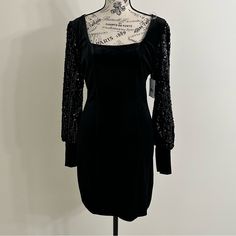 Midnight Doll Black Cocktail Dress Women's Size M-Velvet And Sequin-Stretch Pit To Pit 17 Inches Length 33 Inches Waist 26 Inches Green Bandage Dress, Main Aesthetic, Long Sleeve Denim Dress, Boston Proper Dresses, Blue Bodycon Dress, Burnt Orange Dress, Draped Midi Dresses, Talk Shows, Off White Dresses