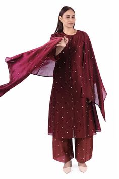 Brick shirt kurta in chanderi silk base with all-over contrasting polka prints. Comes with coordinating pant and scarf. - Aza Fashions Kurta Pant Set, Kurta With Pants, Fashion App, Pant Set, Set For Women, Aza Fashion, Silk Printing, Pants Set, Silk