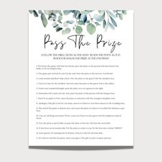 a page from the book pass the prize, with eucalyptus leaves and text on it