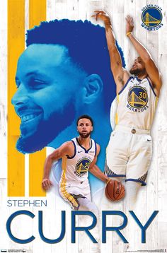 stephen curry poster with golden state warriors and golden state warriors basketball players on wood background