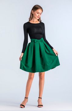 Material: Polyester, Cotton • Dresses Length: Knee-Length • Style: Casual • Decoration: Bow • Silhouette: A-Line • Waistline: Empire • Type: Solid Green Knee-length Dress With Flowy Skirt, Green A-line Skirt For Party, Green A-line Dress With Lined Skirt, Green Flared Skirt Dress For Spring, Green Skirted Dress For Party, Green Skirted Party Dress, Knee-length Green Skirt For Fall, Casual Green Dress With Flared Skirt, Green Skirted Dress With Lined Skirt