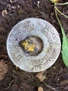 an old metal object with writing on it sitting in the dirt next to a plant