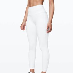 Color: White White High Stretch Bottoms With Contoured Waistband, White Bottoms With Contoured Waistband And 4-way Stretch, White Sports Bottoms With Contoured Waistband, White Lululemon Leggings, Purple Lululemon Leggings, White Yoga Pants, Teal Leggings, Black And White Pants, Lulu Leggings