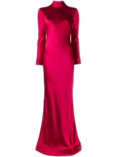 bright red silk satin finish high neck long sleeves open back floor-length Long Sleeve Silk Dress, Red Silk Dress, Michelle Mason, Long Red Dress, Sleeve Gown, Long Sleeve Dress Formal, Silk Dress Long, Red Gowns, Long Sleeve Gown