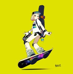 a person riding a skate board on a yellow background