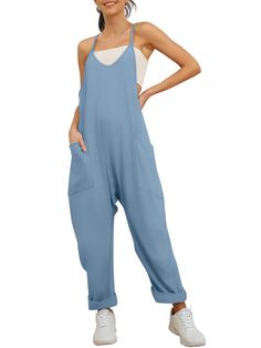 PRICES MAY VARY. Material:Spaghetti strap summer jumpsuit made of 94% cotton and 6% spandex. The fabric is soft and comfortable,stretchy,lightweight and breathable. Design:Loose fit overalls for women, fashionable pants,baggy style, v-neck design, spaghetti strap jumpsuits,sleeveless rompers ,casual summer outfits, with two sides pockets,solid color,standard size,suit for summer vacation, makes you look very chic. Occasion: Baggy overalls jumpers with pockets is suitable for casual, daily life,t Jumpsuits For Women Casual, Casual Summer Rompers, Baggy Overalls, Loose Fit Jumpsuit, Clothes Beach, Trendy Overalls, Womens Jumpsuits Casual, Jumpsuit Casual, Womens Jumpsuits