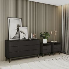 a living room scene with focus on the dresser and sideboard, which has two plants in vases