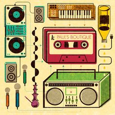 an image of a poster with various things in the shape of a stereo and tape recorder