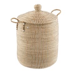 a large woven basket with handles on the lid and handle is shown in natural colors