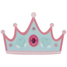 a pink and blue crown with hearts on it's side, sitting in front of a white background