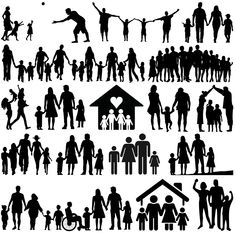 many silhouettes of people and children in different poses, all holding hands with each other