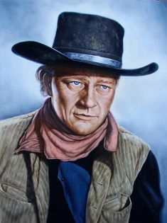 a painting of a man wearing a cowboy hat and scarf with blue eyes in the background