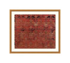 an old red rug with gold trimmings and designs on the edges, framed in a wooden frame