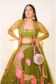 Papa Don'T Preach By Shubhika | Olive Green Tulle Lehenga Set | INDIASPOPUP.COM Embellished Anarkali Sets In Pista Green, Embellished Green Floor-length Sets, Pista Green Embellished Georgette Sets, Embellished Pista Green Georgette Sets, Festive Embellished Multicolor Embroidered Set, Embellished Green Georgette Traditional Wear, Organza Choli With Floral Embroidery For Party, Festive Embellished Multicolor Embroidered Sharara, Festive Embellished Multicolor Embroidery Sharara