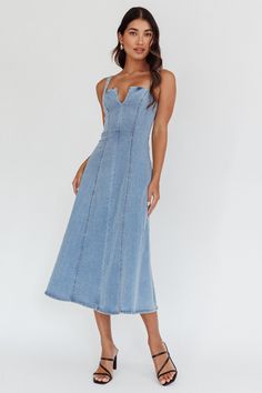 Shop the Catch My Drift A-Line Midi Dress Denim Blue | Selfie Leslie Fitted Backless Denim Dress For Spring, Fitted Backless Denim Dress, Denim Blue Dress For Night Out In Spring, Fitted Medium Wash Denim Dress With Spaghetti Straps, Spring Dresses With Spaghetti Straps And Medium Wash, Fitted Denim Blue Spaghetti Strap Dress, Denim Blue Fitted Dress With Spaghetti Straps, Sleeveless Denim Blue Dress For Date Night, Fitted Denim Midi Dress For Date Night