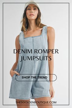 Looking for spring summer fashion ideas & spring outfit trends 2024?  Denim on denim is in!  Shop this cute denim romper outfit from our spring pre-sale, you'll want to wear this denim jumpsuit outfit all spring and summer long!  Explore our collection of trendy outfits for summer & cute spring outfits for women here! Trendy Spring Jumpsuits And Rompers With Square Neck, Chic Denim Shortalls For Summer, Chic Summer Light Wash Jumpsuits And Rompers, Summer Light Wash Shortalls, Chic Denim Shortalls For Spring, Denim Blue Jumpsuits And Rompers For Summer Day Out, Chic Light Wash Jumpsuits And Rompers For Summer, Sleeveless Shortalls For Summer Day Out, Relaxed Fit Denim Jumpsuit For Summer Day Out