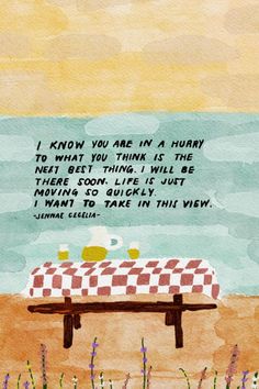 a painting of a picnic table on the beach with a quote from winnie pooh