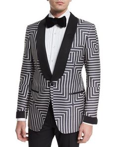 Tom Ford "Buckley" base suit jacket in geometric-print. Lean silhouette; narrow shoulders for sartorial look. Shawl collar; satin one-button front. Front besom pockets with satin trim; hand-cut chest Designer Tuxedo, Expensive Suits, Tuxedo Pants, Tom Ford Men, Fashion Suits For Men, Bespoke Tailoring, Black Tuxedo, Tuxedo Suit, Tuxedo For Men