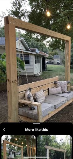 an outdoor swing bed made out of pallets and wooden posts with lights hanging from it