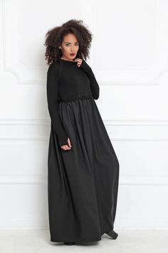 Women Maxi Dress, Abaya Dress, Long Sleeve Maxi Dress Loose maxi dress with soft knitted top and sleeves: |DEHA| GARMENT FEATURES: * Maxi dress in a clean, minimalistic A-line silhouette * Top and sleeves in soft, cozy knit * Crew neckline * Slim fit raglan sleeves with thumb hole details * Rich fabric gathered bottom part COLOUR OPTIONS: This product also comes in the following color options: - black; - grey. SIZE & FIT: Model is 175cm and wears size S. COMPOSITION: Main: 50% viscose / 50% Fall Season Modest Maxi Length Abaya, Fall Modest Maxi Length Abaya, Modest Maxi Length Abaya For Fall, Black Long Sleeve Maxi Dress For Winter, Winter Maxi Length Abaya, Black Full-length Maxi Dress For Fall, Black Full Length Maxi Dress For Fall, Modest Maxi Dress With Modesty Panel, Full Length Black Maxi Dress For Fall