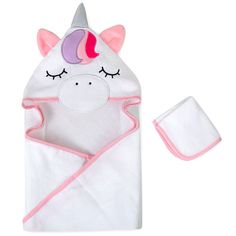 a white towel with pink trim and a unicorn face on it