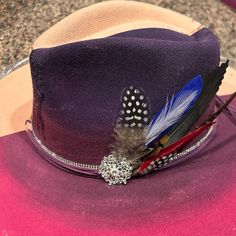 Beautiful Custom Made Burnt Fedora Hat With Bling And Peacock Feathers. One Of A Kind. Purple, Pink And Beige/Pink Purple Charro Hat, Adjustable Western Purple Hat, Adjustable Purple Hat With Feathers, Purple Bohemian Brimmed Hat, Burnt Hat, Custom Fedora, French Beret Hat, Hat Bar, Yellow Beanie