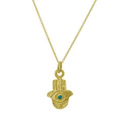 Seen across the globe today and throughout history, predating Judaism, Christianity and Islam. Known as an amulet of protection, the Hamsa brings its owner happiness, luck, health, and good fortune. It is believed wearing a Hamsa amulet defends against the Evil Eye. May you wear it in good health. 18k gold charm floats on a delicate 18k gold chain Gold Hamsa with Turquoise charm measures approximately 1" (including jump ring) Your choice of 16", 18" or 20" chain length Hand-crafted in Los Angele Symbolic Good Luck Coin Pendant Necklace, Blessing Amulet Style Necklace With Coin Pendant, Blessing Amulet Necklace With Coin Pendant, Good Luck Amulet Necklace With Coin Pendant, Spiritual Good Luck Coin Pendant Jewelry, Symbolic Round Necklace For Blessing, Amulet Style Jewelry With Large Pendant For Blessing, Handmade Yellow Gold Necklaces For Blessing, Handmade Yellow Gold Necklace For Blessing