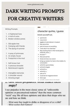 a page from the book dark writing prompts for creative readers, with text below