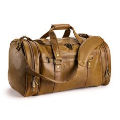 a brown leather duffel bag on a white background with clippings to the side