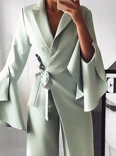 Gender: Women Type: Bottom Feature: Lapel, Flare Long Sleeve, Belted Material: Polyester Style: Casual/Fashion Color: Pink, Light_Blue, Light_Green Size: S, M, L, XL Please Note: All Dimensions Are Measured Manually With A Deviation Of 1 To 3cm. Elegant V-neck Spring Pantsuit, Spring Party Solid Color Jumpsuits And Rompers, Chic Office Jumpsuits For Fall, Spring Party Jumpsuits And Rompers In Solid Color, Chic Office Jumpsuits And Rompers For Fall, Chic Fall Office Jumpsuits And Rompers, Chic Fall Jumpsuits And Rompers For Office, Spring Solid Color Long Sleeve Pantsuit, Elegant Long Sleeve Summer Pantsuit