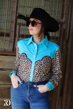 LEOPARD YOKE & TURQ PERFORMANCE RODEO SHIRT (ADULT) Rodeo Girls, Rodeo Shirts, Western Outfit, Cowgirl Shirts, Western Look, Boot Cut Denim, Ranch Dressing, Mens Essentials, Country Outfits