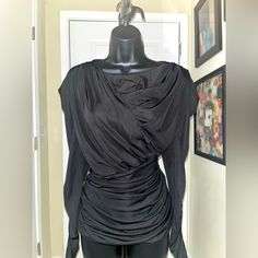 Brand New Jet Black Form Fitted Elegant Yet Sexy! Black Draped Tops For Fall, Black Stretch Draped Top, Black Draped Stretch Top, Black Draped Blouse For Evening, Draped Tops For Night Out In Fall, Draped Tops For Fall Night Out, Black Fitted Draped Top, Chic Black Draped Blouse, Black Ruched Evening Blouse