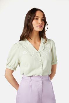 mint Puff Sleeve Button Up, Feminine Floral Embroidery Blouse For Workwear, Embroidered Collared Tops For Work, Short Sleeve Embroidered Shirt For Work, Chic Collared Blouse With Floral Embroidery, Elegant Collared Rayon Blouse, Summer Embroidered Shirt With Collared Neckline, Feminine Short Sleeve Shirt With Buttons, Fitted Floral Embroidered Blouse For Work