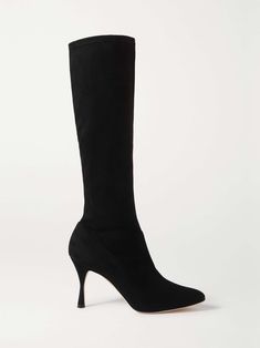 MANOLO BLAHNIK Pamfilo 90 stretch-suede knee boots Formal High Ankle Fitted Heeled Boots, Formal Fitted High Ankle Heeled Boots, Fitted Suede-lined Heeled Boots With Almond Toe, Fitted Suede Knee-high Boots With Almond Toe, Fitted Almond Toe Heeled Boots With Suede Lining, Fitted Heeled Boots With Suede Lining And Almond Toe, Fitted Black Boots With Suede Lining, Fitted High Ankle Heeled Boots With Leather Sole, Fitted High Ankle Boots For Work