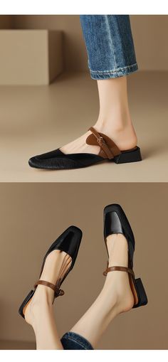 Black Low Heel Clogs, Brown Pointed Toe Mules With Contrasting Heel, Brown Pointed Toe Mules With Contrasting Heel Counter, Elegant Slip-on Closed Toe Clogs, Slip-on Low Heel Leather Mules, Leather Low Heel Slip-on Mules, Leather Slip-on Mules With Low Heel, Elegant Black Almond Toe Clogs, Elegant Leather Clogs With Flat Heel