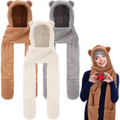 PRICES MAY VARY. Package Contents: you will receive 3 Pcs bear hats in 3 colors: white, camel, and gray; The circumference of the hat is about 17 inches; It is comfortable; It is easy to wear and the quantity can meet daily needs; It is very suitable for sharing with your family or friends Quality Materials: this hooded scarf and gloves are made of polyester fiber; It fits well and does not feel uncomfortable; It can keep you warm and comfortable for a long time; Our loose design and high-elasti Fleece Women, Cute Tights, Winter Outdoor Activities, Winter Cycling, Winter Running, Bear Hat, Bear Ears, Hooded Scarf, Winter Hiking