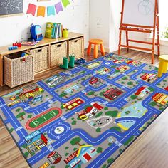 a child's play area with toys and rugs