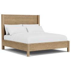 a wooden bed with white sheets and pillows