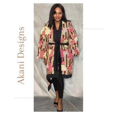 Our asymmetric ankara kimono will give you that rich auntie look. Pair it with jeans or leggings for a casual look or dress it up with a little black dress and heels.  Made with 100% African wax cotton.  Full length sleeves Pockets at the seams Comes with a detachable belt Fitted Kimono With Kimono Sleeves For Fall, Chic Fitted Kimono With Kimono Sleeves, Casual Fitted Long Sleeve Kimono, Fitted Long Sleeve Casual Kimono, Fitted Casual Cotton Kimono, Fitted Long Printed Kimono, Casual Fitted Cotton Kimono, Fitted Long Casual Kimono, Fitted Multicolor Printed Kimono