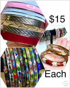 LISTING IS FOR ONE BRACELET  This vintage jewelry features your choice of one bracelet for $15. There are cloisonné enameled bangles, the diamond cut bangle is crown Trifari, the white with gold stripe is Monet and the rest are unsigned.  They measure approximately 2 5/8 inches in diameter. Two have hinges and the green one stretches.  Condition looks very good on all. Please ask questions if needed. Retro Multicolor Bangle Jewelry, Vintage Bracelets For Festivals, Retro Enamel Bracelets For Gifts, Retro Enamel Bracelets For Gift, Collectible Enamel Bangle Jewelry, Retro Enamel Bracelet For Gift, Vintage Multicolor Enamel Bangle, Vintage Enamel Round Bracelets, Vintage Round Enamel Bracelets