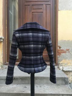 "This is a very stylish and elegant wool plaid jacket . Leght 56cm - at back. made of very soft and high quality woolen fabric, fully lined. The color is deep purple with black and grey check. SIZE CHART SIZE S - US 6, UK 8, EU 36 bust: bust around 34.5\"/90cm Waist: waist around 27.5\"/70cm Hips: hips around 34.5\"/90cm SIZE M - US 8, UK 10, EU 38 bust: bust around 37.5\"/95cm Waist: waist around 29.5\"/75cm Hips: hips around 37.5\"/95cm SIZE L - US 10, UK 12, EU 40 bust: bust around 39.5\"/100 Plaid Single-breasted Outerwear With Suit Collar, Plaid Wool Tweed Jacket With Notch Lapel, Tailored Plaid Tweed Jacket With Lapel Collar, Plaid Wool Tweed Jacket For Tailoring, Fitted Long Sleeve Tweed Jacket For Winter, Plaid Wool Blazer With Suit Collar, Tailored Plaid Outerwear With Lapel Collar, Elegant Plaid Wool Coat For Work, Plaid Single Breasted Long Sleeve Blazer