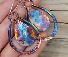 Copper Dangle Earrings Flame Painted Patina Jewelry - Etsy Artistic Multicolor Copper Jewelry, Multicolor Nickel-free Copper Earrings, Nickel-free Multicolor Copper Earrings, Handmade Multicolor Copper Earrings, Multicolor Copper Dangle Earrings, Patina Jewelry, Metal Jewelry, Jewelry Ideas, Patina