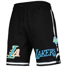 Add flair to your game day ensemble with these Washed shorts by Pro Standard. It features bold Los Angeles Lakers graphics in neon colors for a vibrant display of team spirit. An elastic waistband customizes the fit to your perfect size. Inseam on size M measures approx. 8'' Velvet name letters Elastic waistband with drawstring Officially licensed Machine wash, tumble dry low Side split hem Heat-sealed chenille applique Embroidered fabric applique Imported Material: 100% Cotton Zippered rear poc Casual Shorts For Team Events During Sports Season, Black Athleisure Bottoms For Cheerleading, Casual Shorts For Team Events And Sports Season, Casual Athletic Shorts For Team Events, Sporty Black Bottoms For Cheerleading, Casual Team-colored Shorts For Team Events, Throwback Short Bottoms For Sports Events, Team Spirit Sports Shorts For Summer, Sporty Short Bottoms With Team Logo