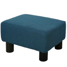 a blue footstool with black legs on a white background