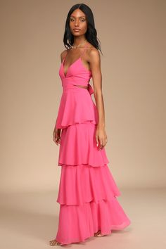 Celebrate the present moment with the Lulus Tier and Now Hot Pink Tie-Back Tiered Maxi Dress! Woven chiffon shapes this dress that has a V-neckline and a fitted bodice that are supported by slender straps that come together at the back above a keyhole cutout and tying sash. The back cutout wraps around to the sides atop a full maxi skirt with flouncy tiers. Hidden back zipper/clasp. Fit: This garment fits true to size. Length: Floor length. Size small measures 52.5" from shoulder to hem. Bust: G Hot Pink Maxi Dress, Preppy Prom, Full Maxi Skirt, Pink Formal Dresses, The Present Moment, Cute Prom Dresses, Present Moment, Chiffon Maxi Dress, Tiered Maxi Dress