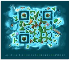 a blue and green poster with an image of a map in the shape of a maze