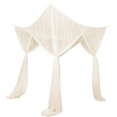 a white canopy with sheer curtains hanging from it's sides on a white background