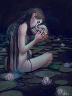 a painting of a woman sitting in water with lily pads on the ground and holding a skull