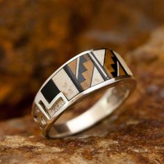 David Rosales Kayenta Fancy Inlaid Sterling Silver Ring Man Closet, Raw Diamond Jewelry, Indigenous Fashion, White Jasper, Contemporary Southwest, Male Jewelry, Hammered Silver Jewelry, Dolphin Jewelry, Silver Jewelry Diy