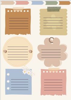 a set of paper tags with different shapes and sizes on them, all in pastel colors